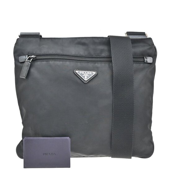 PRADA MILANO Logo Tessuto Shoulder Bag Nylon Leather Black Silver Italy 64EF077 - Picture 1 of 16